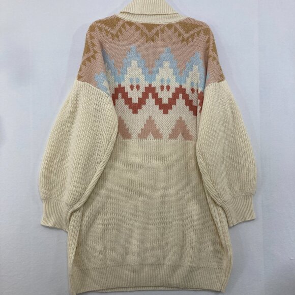 New SO size XXL Cream Boho Print Turtle Neck Puff Sleeve Tunic Sweater Cozy - Picture 9 of 11